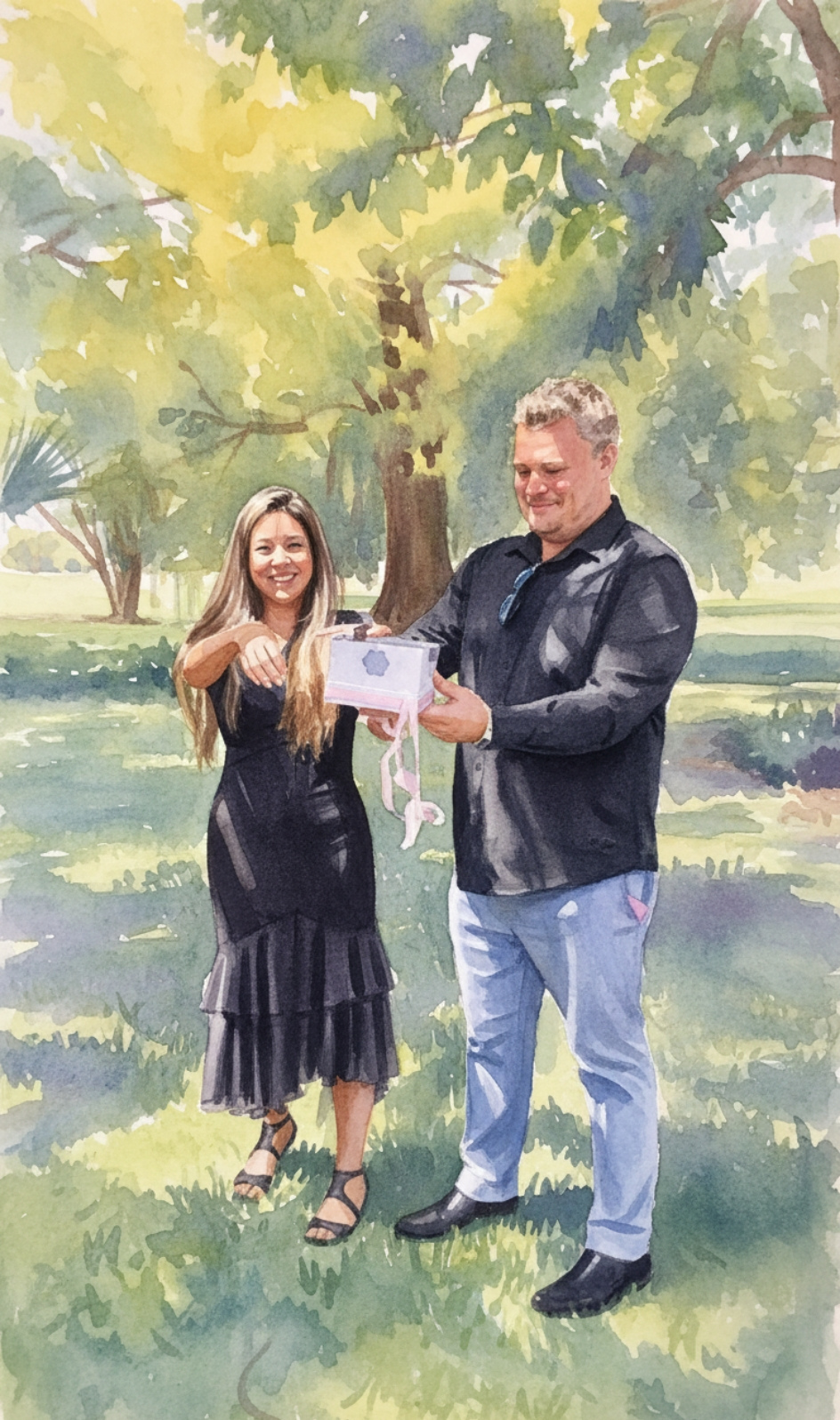 A watercolour painting of McKenzie's parents at the butterfly release, holding the ribboned release box together beneath the trees