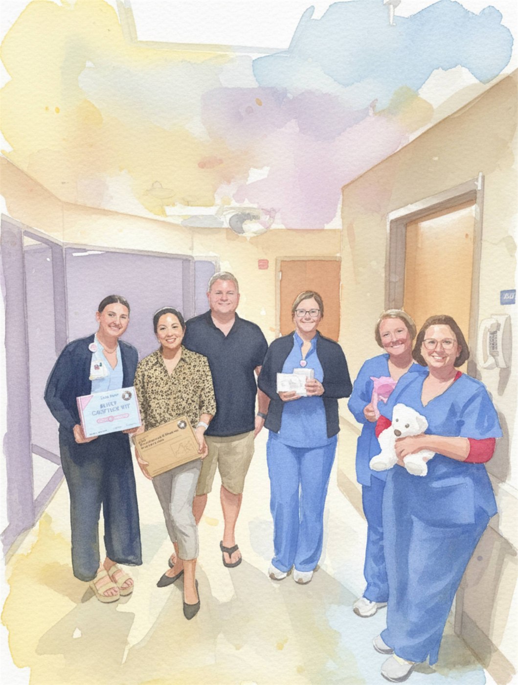 A watercolour of McKenzie's Rays of Sunshine founders with hospital staff in a corridor, holding memory-kit boxes and a comfort bear